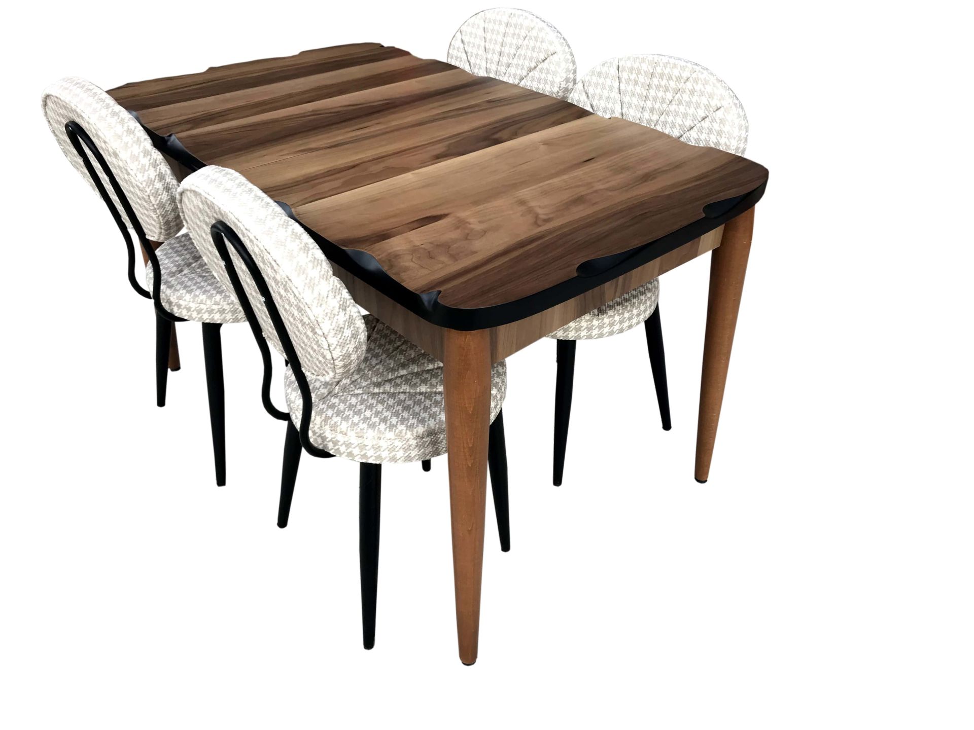Mdf Ceviz Açılır Kütük Masa + 4 Adet Midye Metal Döşemeli Sandalye