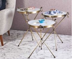 Küpeli Metal 3'lü Zigon Sehpa Gold Eskitme Kaplamalı Yuvarlak - Gold Mermer Temperli Cam