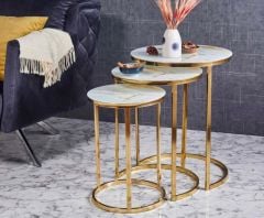Eko C Metal İç İçe Girebilen 3'lü Zigon Sehpa Gold (Altın) Kaplamalı - Gold Mermer Temperli Cam