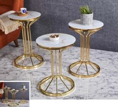 Bufalo Metal 3'lü Zigon Sehpa Yuvarlak Gold (Altın) Kaplamalı - Gold Mermer Temperli Cam