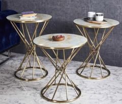 Rivoli Metal 3'lü Zigon Sehpa Gold Eskitme Kaplamalı Yuvarlak - Gold Mermer Cam