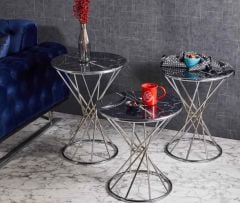 Rivoli Metal 3'lü Zigon Sehpa Nikel & Krom(Gümüş)Kaplamalı Yuvarlak - Siyah Mermerli Temperli Cam