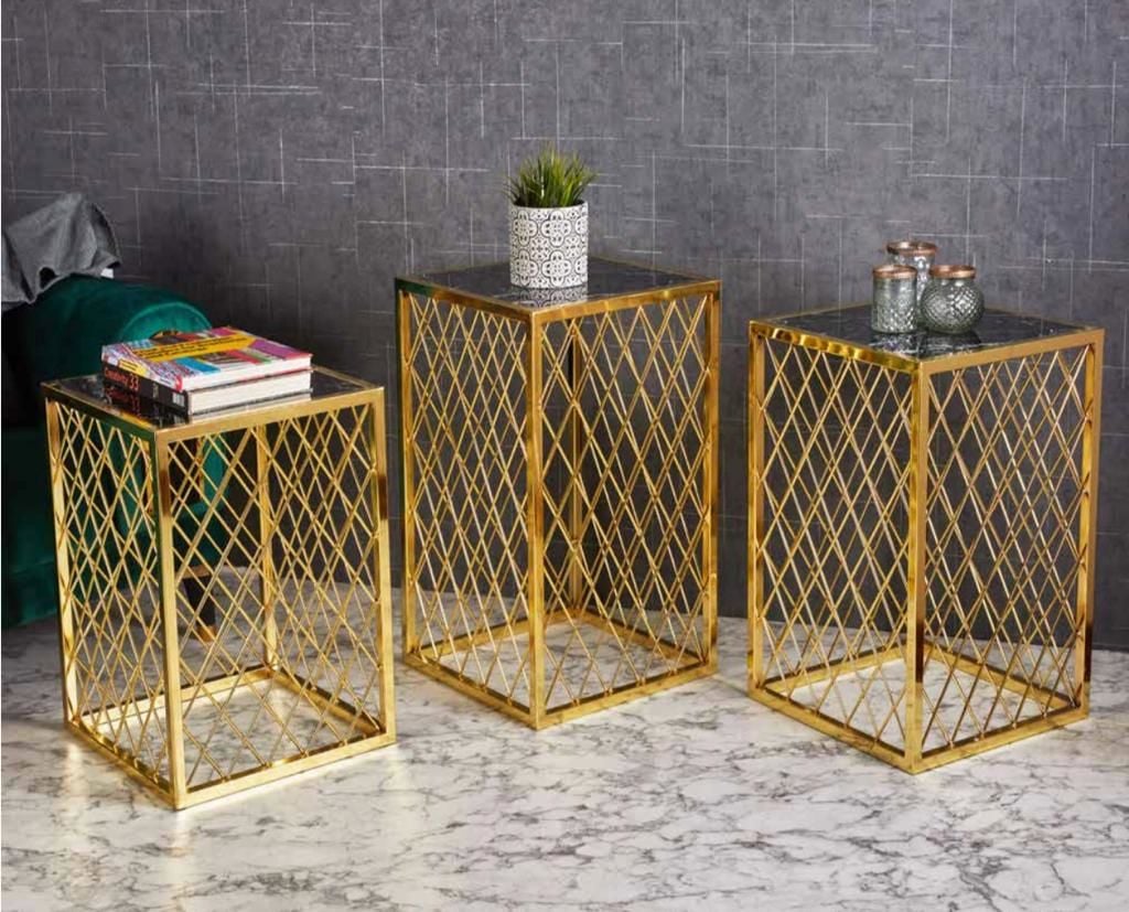 Simi Kare Telli Metal 3'lü Zigon Sehpa Gold (Altın) Kaplamalı - Siyah Mermer Temperli Cam