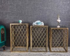 Simi Kare Telli Metal 3'lü Zigon Sehpa Gold Eskitme Kaplamalı - Siyah Temperli Cam
