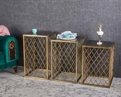 Simi Kare Telli Metal 3'lü Zigon Sehpa Gold Eskitme Kaplamalı - Siyah Temperli Cam