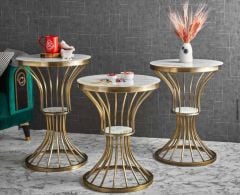 Stil Metal 3'lü Zigon Sehpa Gold Eskitme Kaplamalı - Gold Mermer Temperli Cam