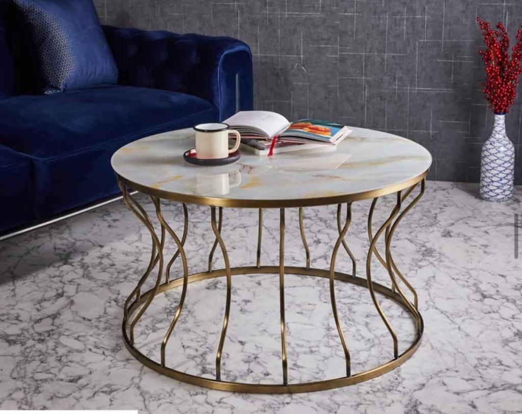 Lotus Metal Kaplamalı Orta Sehpa Yuvarlak Gold Eskitme-Gold Mermer Temperli Cam