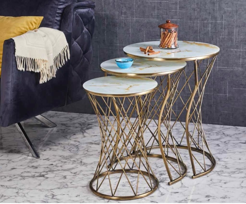 Metal Tel Örgü  İç İçe Geçebilen 3lü Zigon Sehpa Gold Eskitme